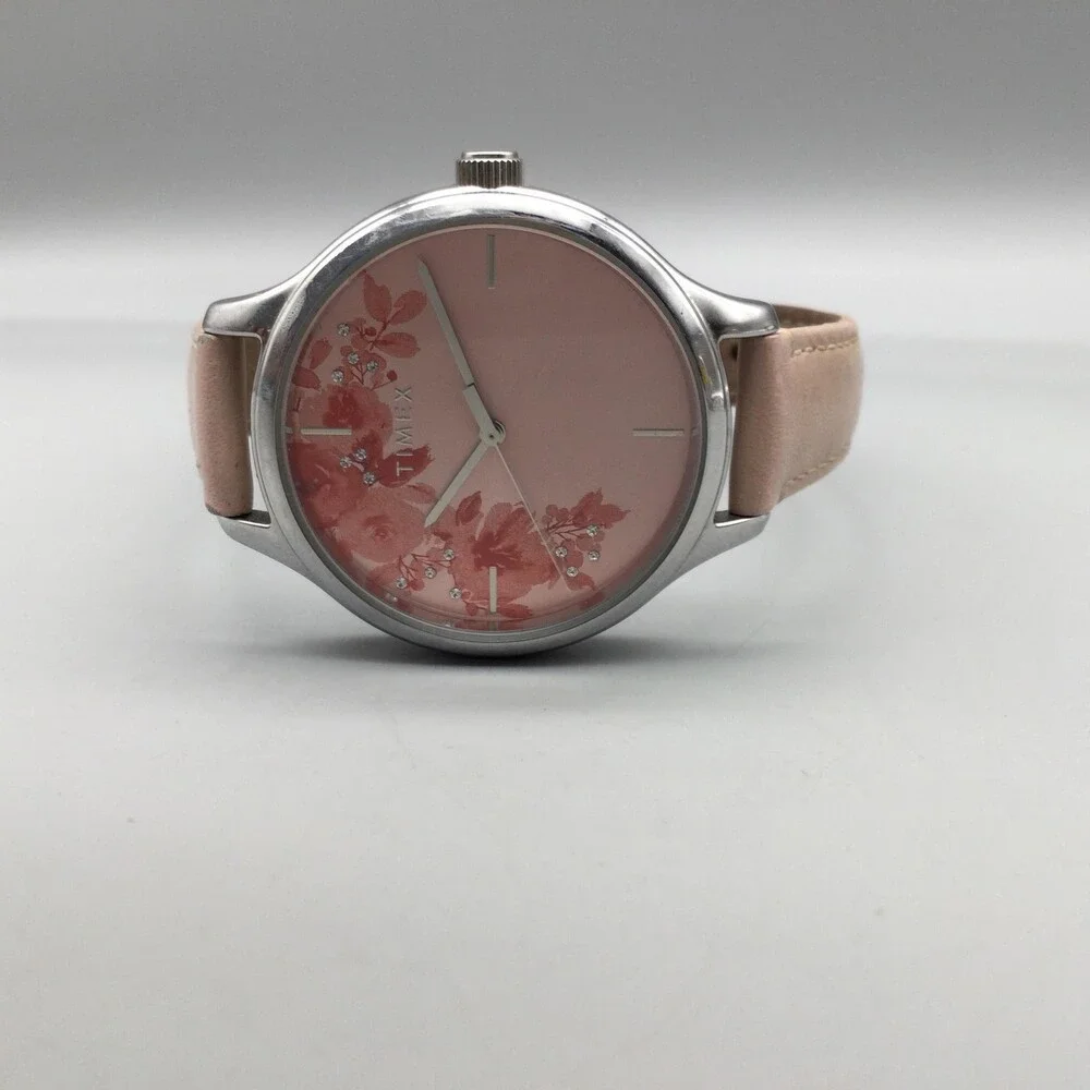 Timex Bloom Womens Analog Watch 36mm Pink Floral Dial Leather Strap New Battery